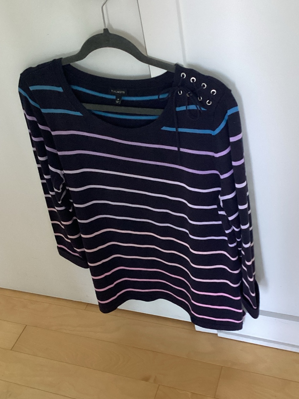 Talbots Navy Striped Long-Sleeve Top with Lace-Up Shoulder. NWOT